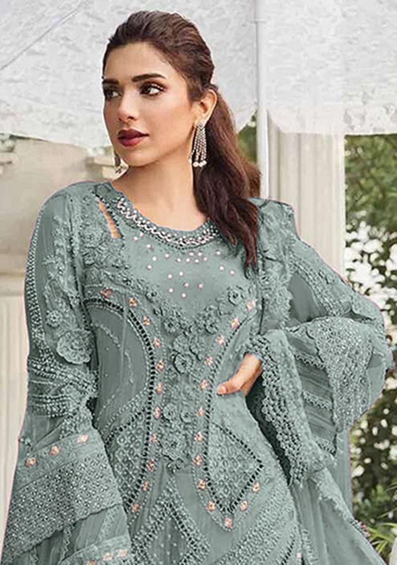 Sky Blue Embroidery Georgette Salwar Suit - Indya