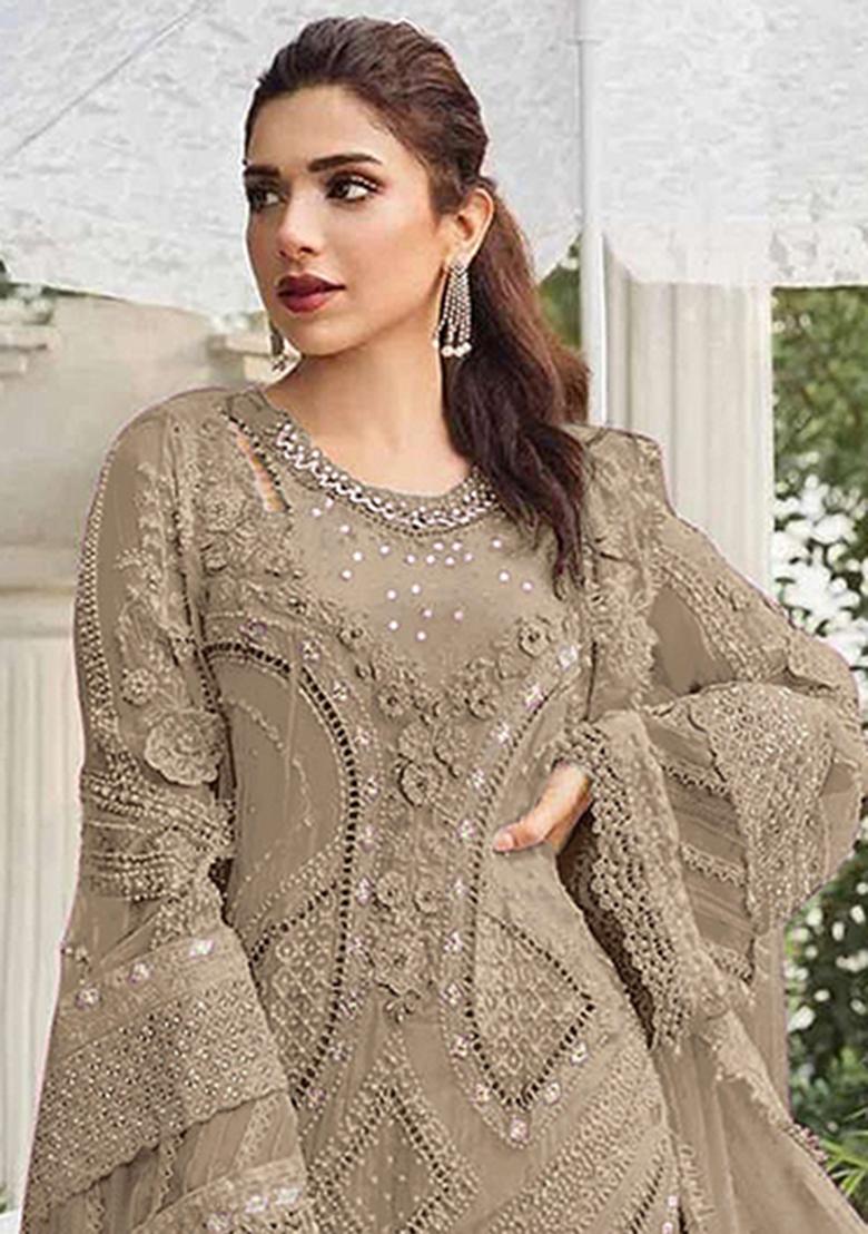 Light Brown Embroidery Georgette Salwar Suit - Indya