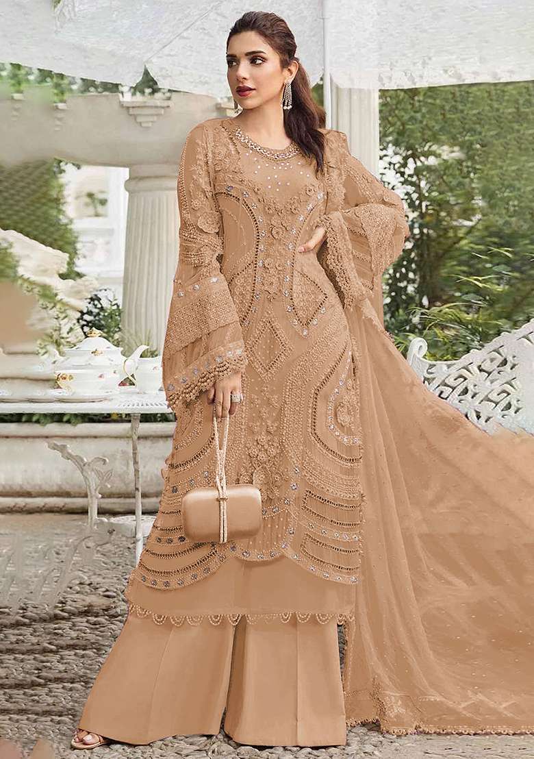 Brown Embroidered Georgette Sharara Set - Indya