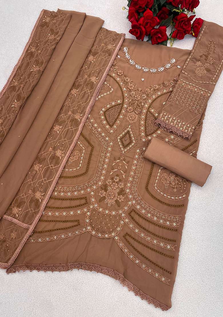 Brown Embroidered Georgette Sharara Set - Indya
