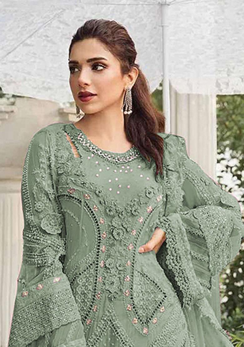 Green Embroidery Georgette Salwar Suit - Indya