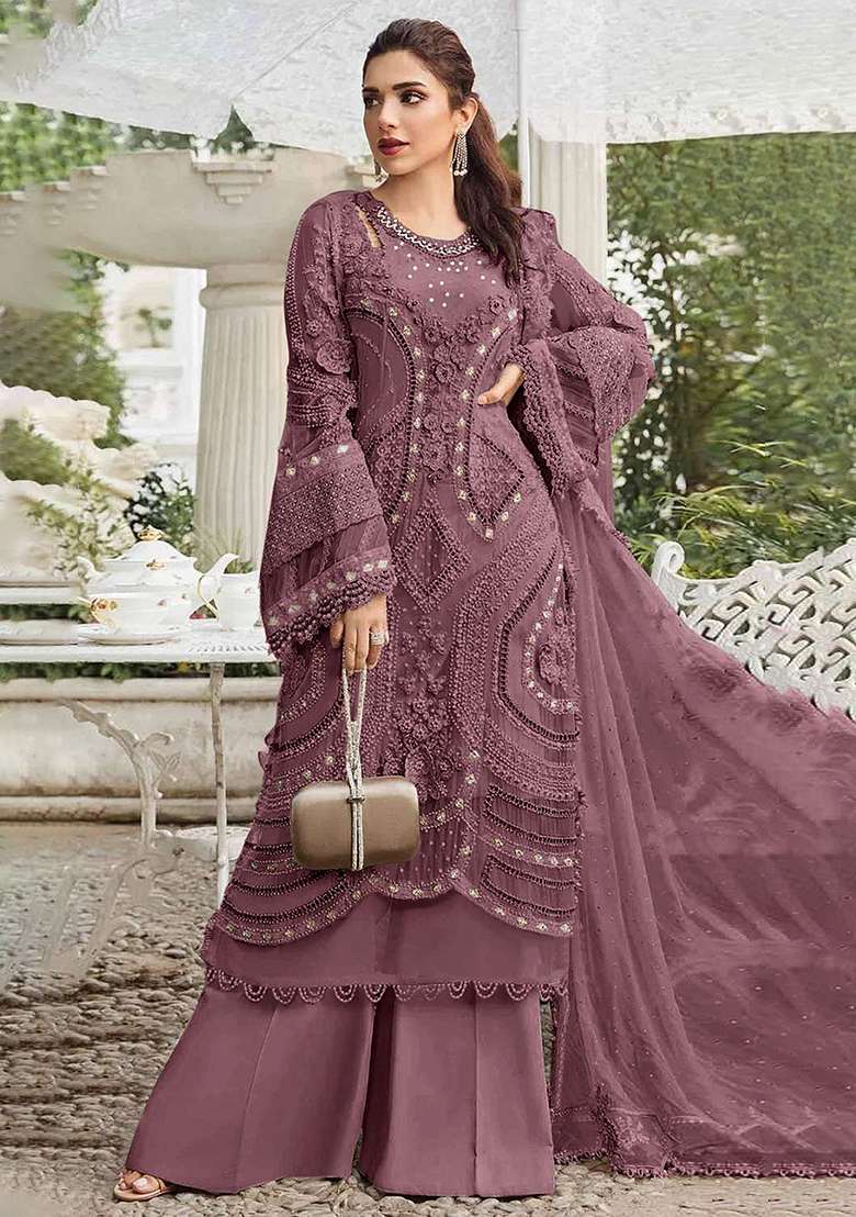 Purple Embroidered Georgette Sharara Set - Indya