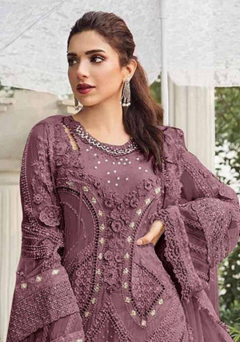 Purple Embroidery Georgette Salwar Suit - Indya