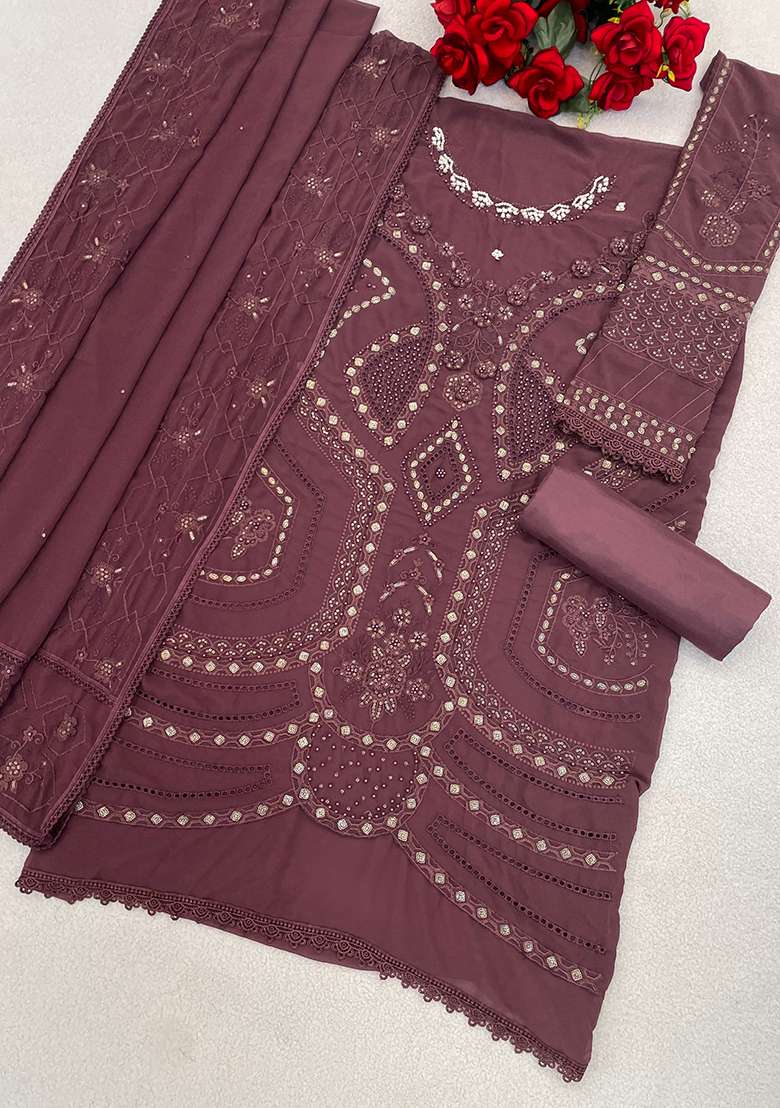 Purple Embroidered Georgette Sharara Set - Indya