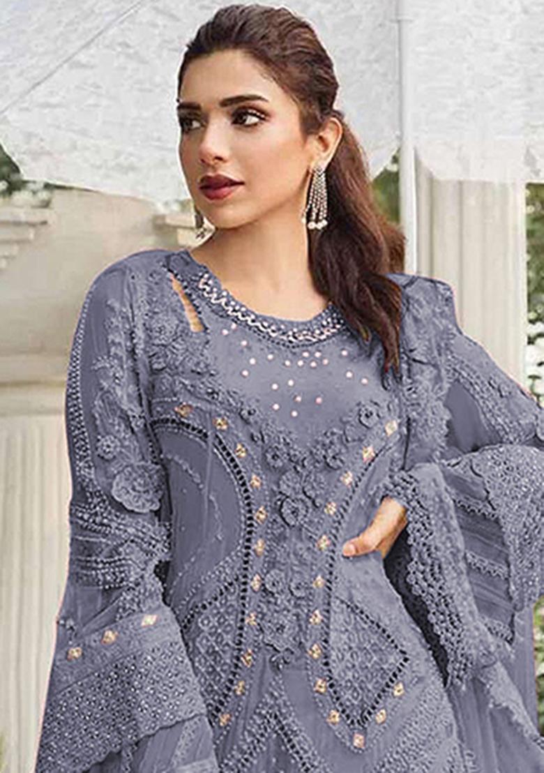 Blue Embroidery Georgette Salwar Suit - Indya