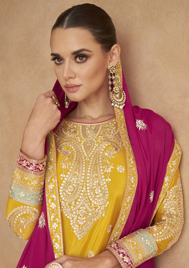 Yellow Embroidery Silk Salwar Suit - Indya