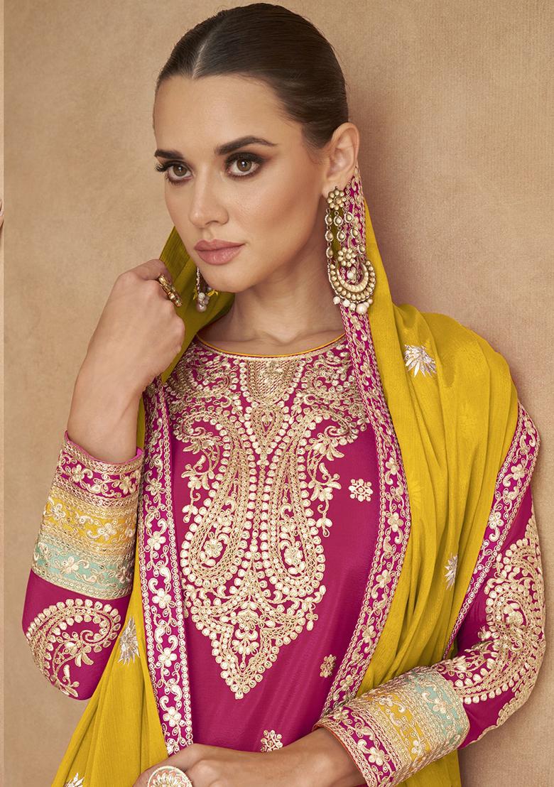 Red Embroidery Silk Salwar Suit - Indya