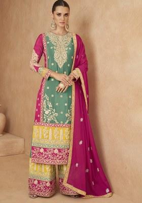 Sea Green Embroidery Silk Salwar Suit