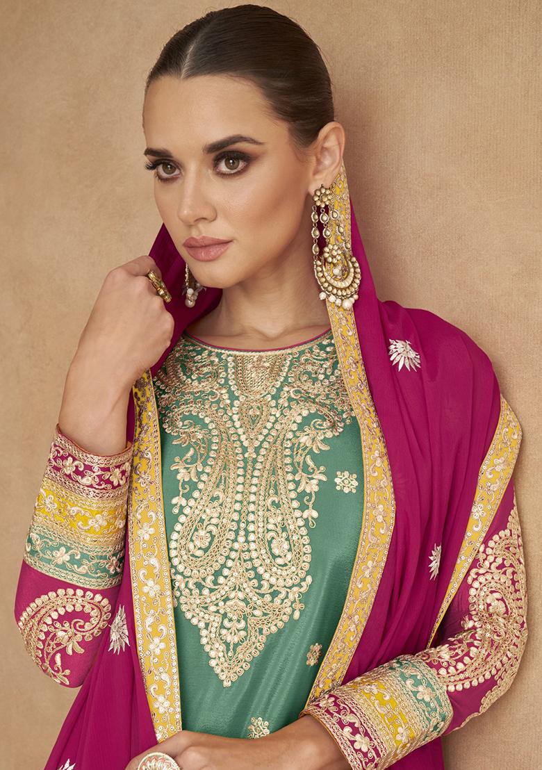 Sea Green Embroidery Silk Salwar Suit - Indya