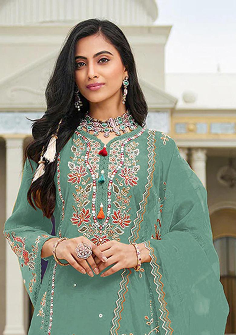 Sky Blue Embroidery Cotton Salwar Suit - Indya