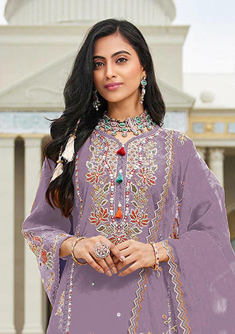 Purple Embroidery Cotton Salwar Suit - Indya