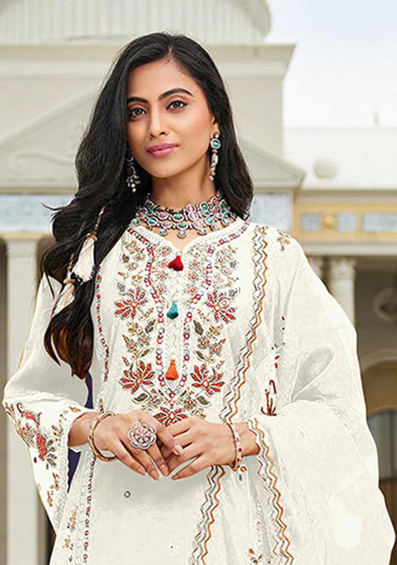 White Embroidery Cotton Salwar Suit - Indya