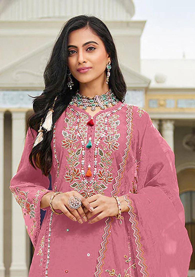 Pink Embroidery Cotton Salwar Suit - Indya