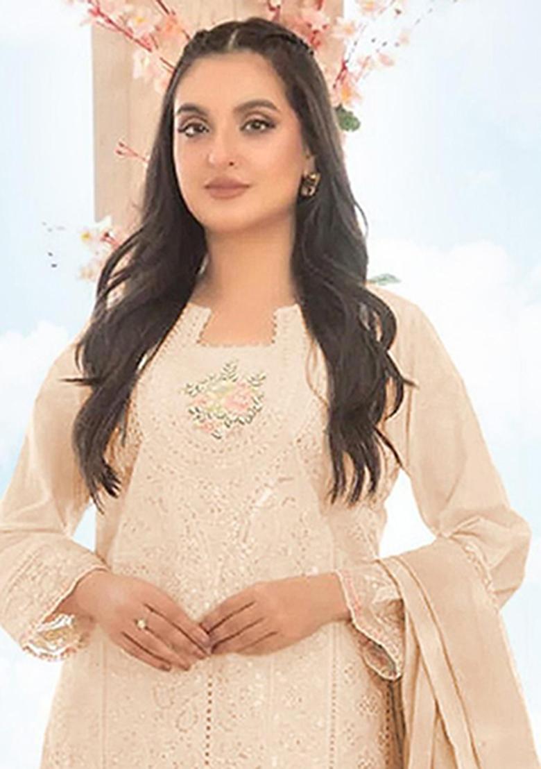 Peach Embroidery Cotton Salwar Suit - Indya