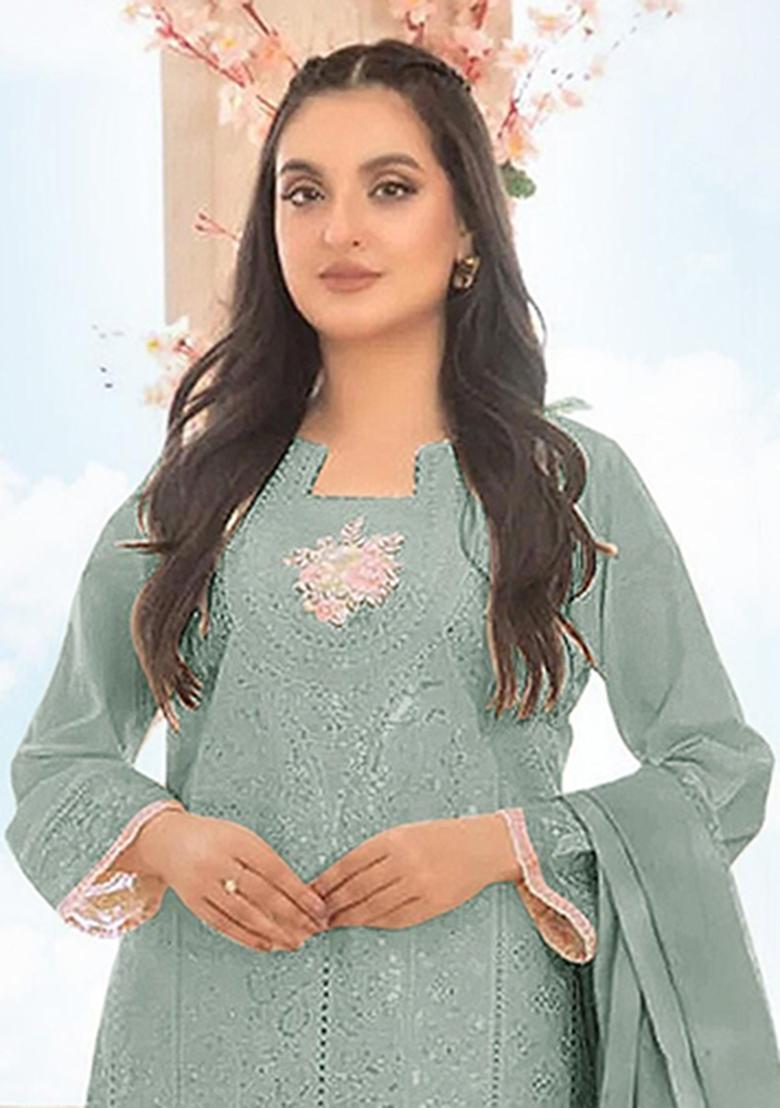 Sky Blue Embroidery Cotton Salwar Suit - Indya