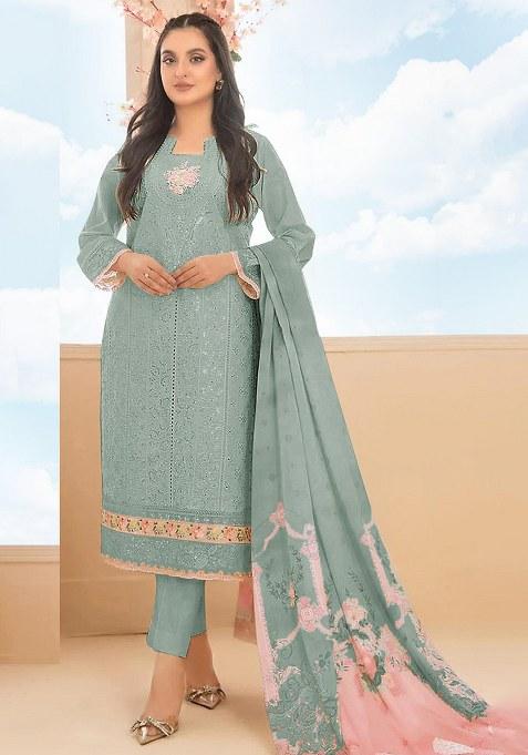 Sky Blue Embroidery Cotton Salwar Suit