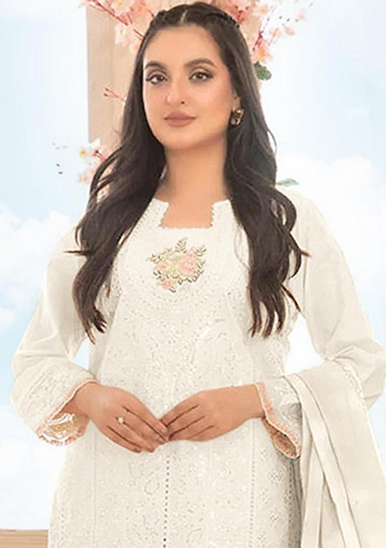 White Embroidery Cotton Salwar Suit - Indya