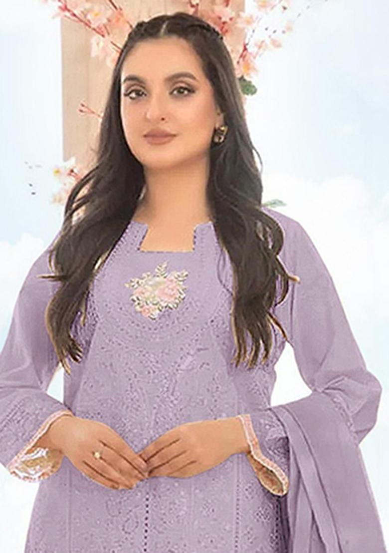 Purple Embroidery Cotton Salwar Suit - Indya