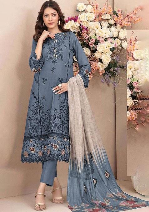 Dark Blue Embroidery Cotton Salwar Suit