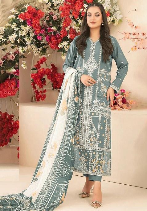 Turquoise Embroidery Cotton Salwar Suit
