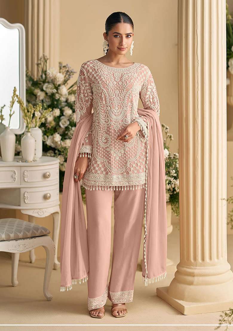 Peach Embroidered Georgette Pakistani Suit Set - Indya