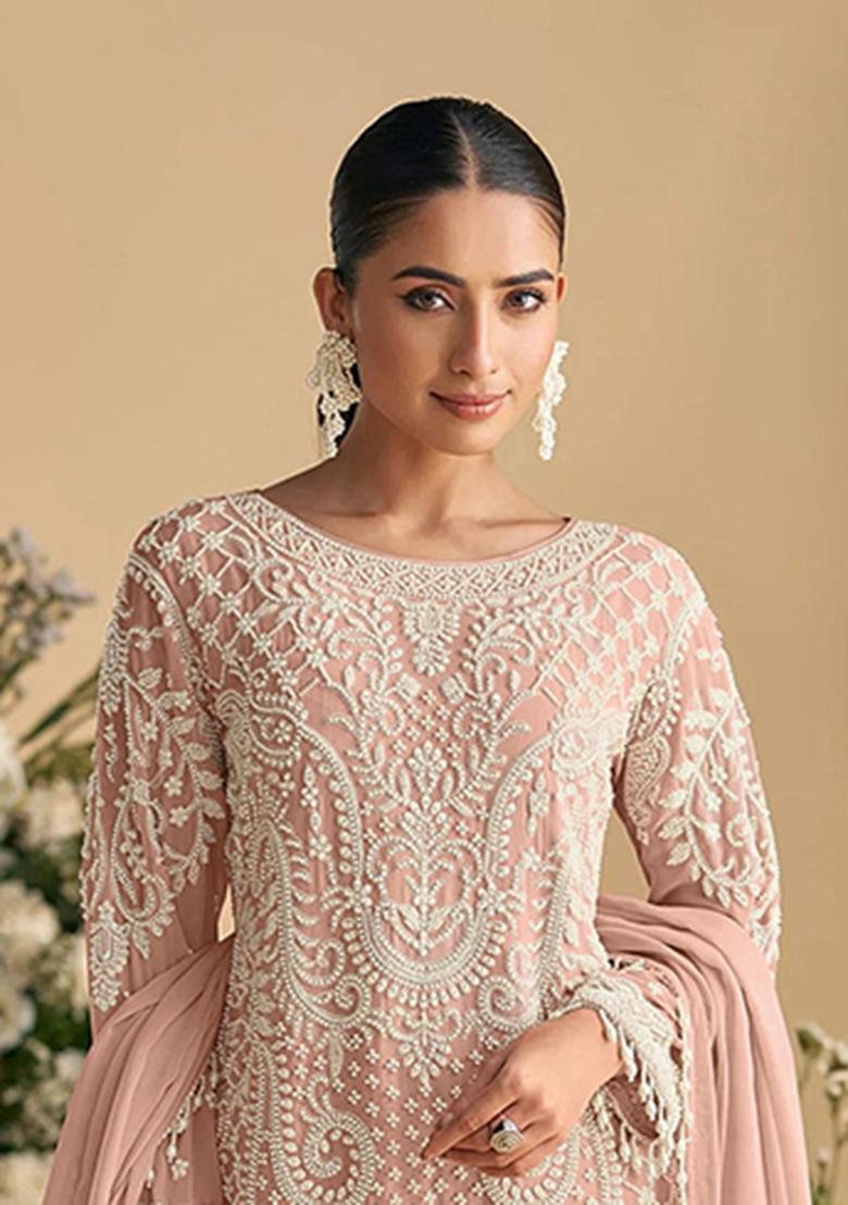 Peach Embroidery Georgette Salwar Suit - Indya