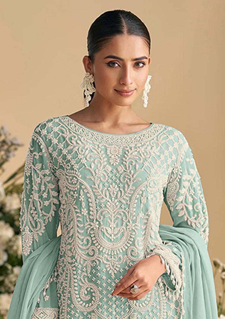 Sky Blue Embroidery Georgette Salwar Suit - Indya