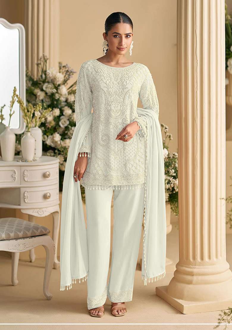 White Chikankari Georgette Pakistani Suit Set - Indya
