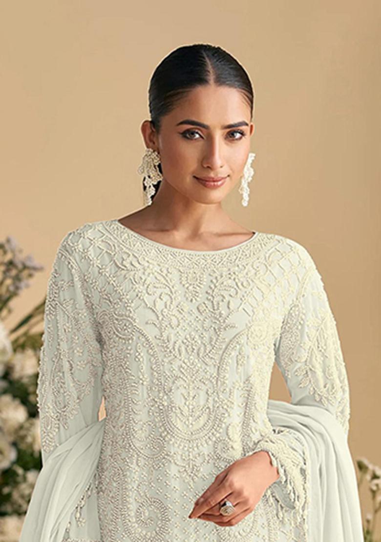White Embroidery Georgette Salwar Suit - Indya