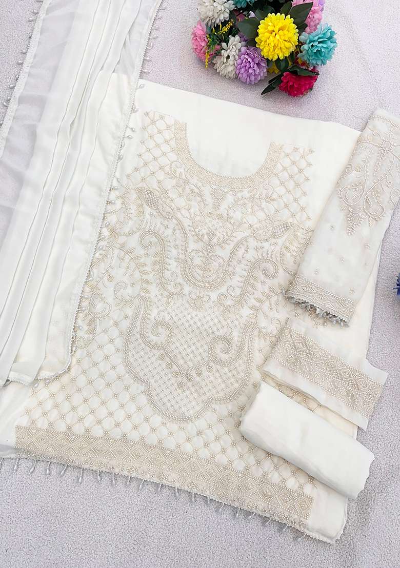 White Chikankari Georgette Pakistani Suit Set - Indya
