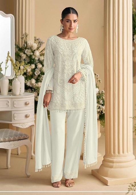 White Embroidery Georgette Salwar Suit