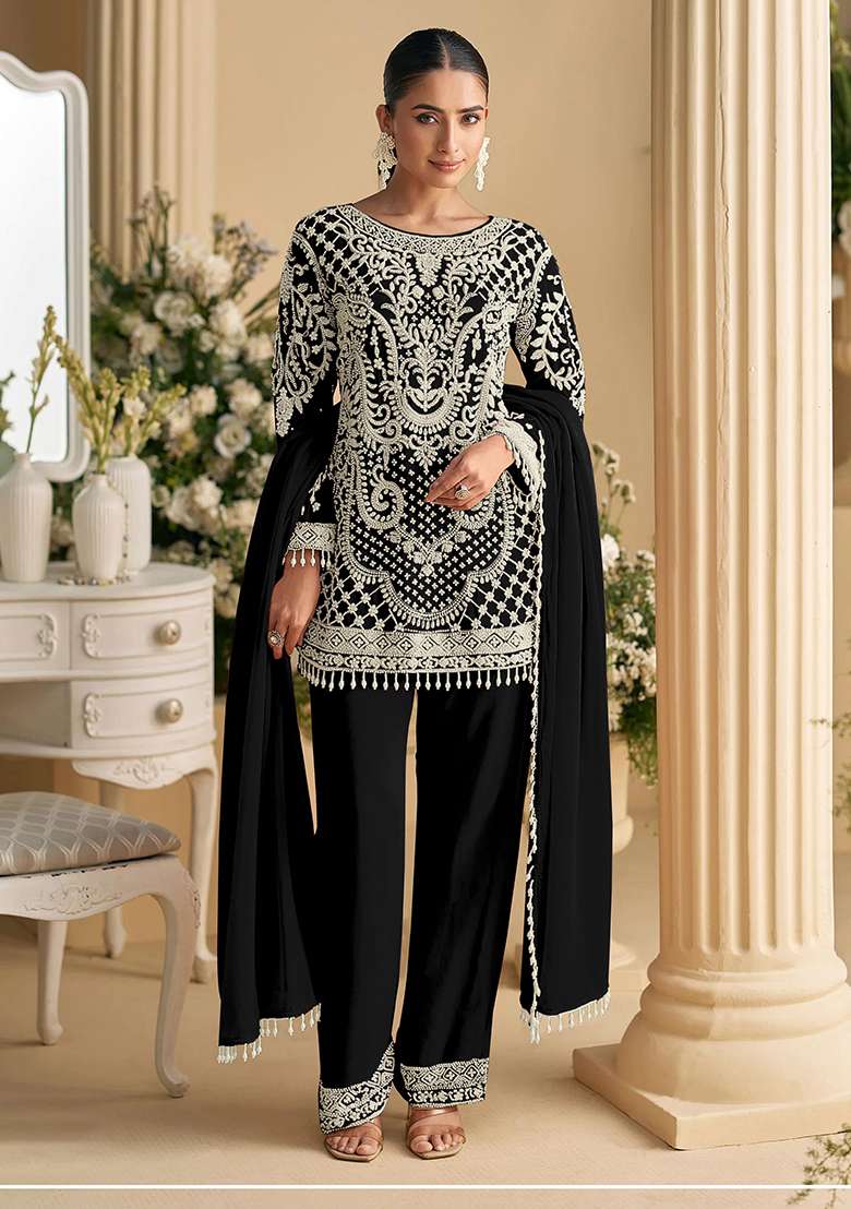 Black Embroidered Georgette Pakistani Suit Set - Indya