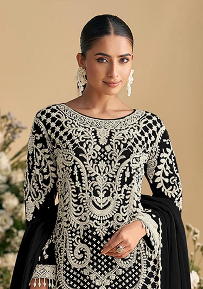 Black Embroidery Georgette Salwar Suit - Indya
