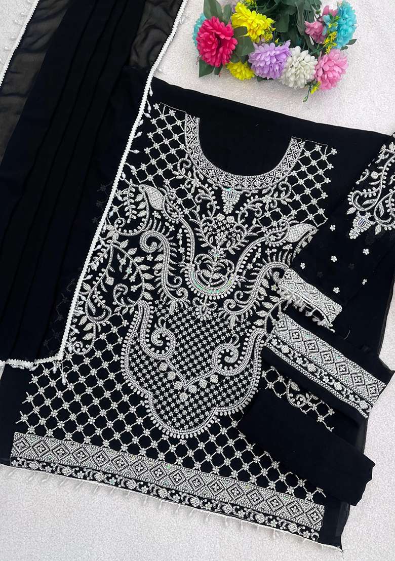 Black Embroidered Georgette Pakistani Suit Set - Indya