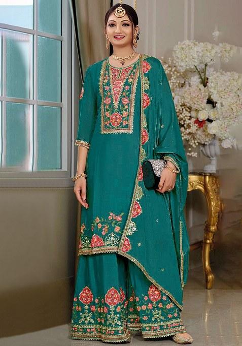 Teal Blue Embroidery Silk Salwar Suit