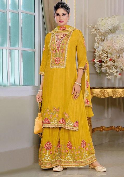 Yellow Embroidery Silk Salwar Suit