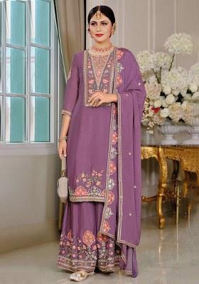 Purple Embroidery Silk Salwar Suit