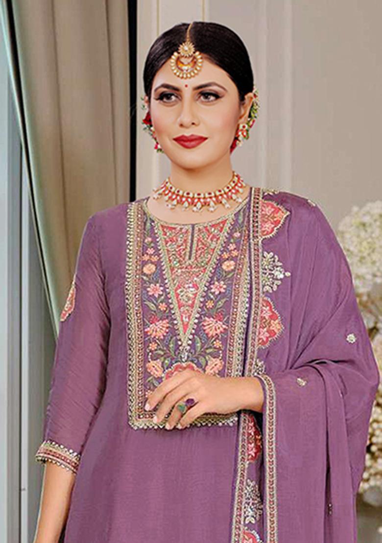 Purple Embroidery Silk Salwar Suit - Indya