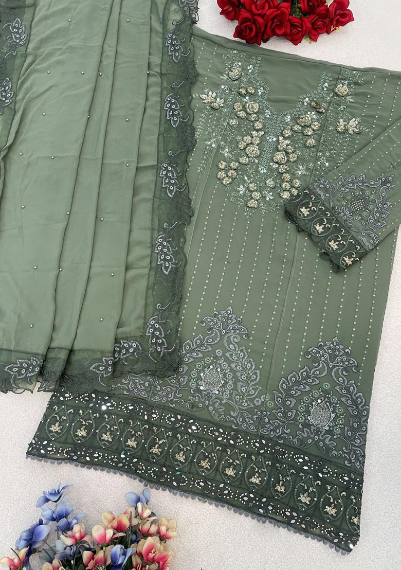 Mehendi Embroidery Georgette Salwar Suit - Indya