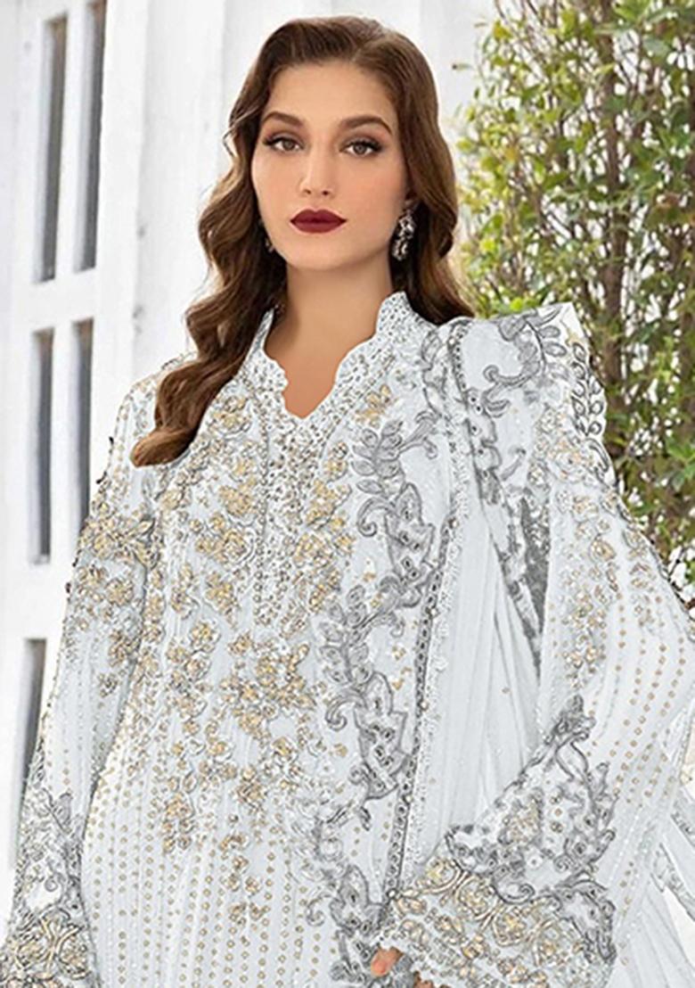 White Embroidery Georgette Salwar Suit - Indya