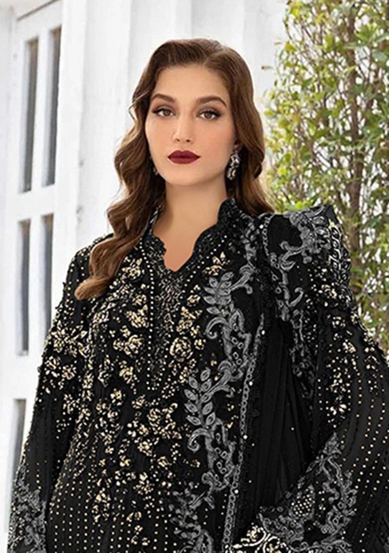 Black Embroidery Georgette Salwar Suit - Indya