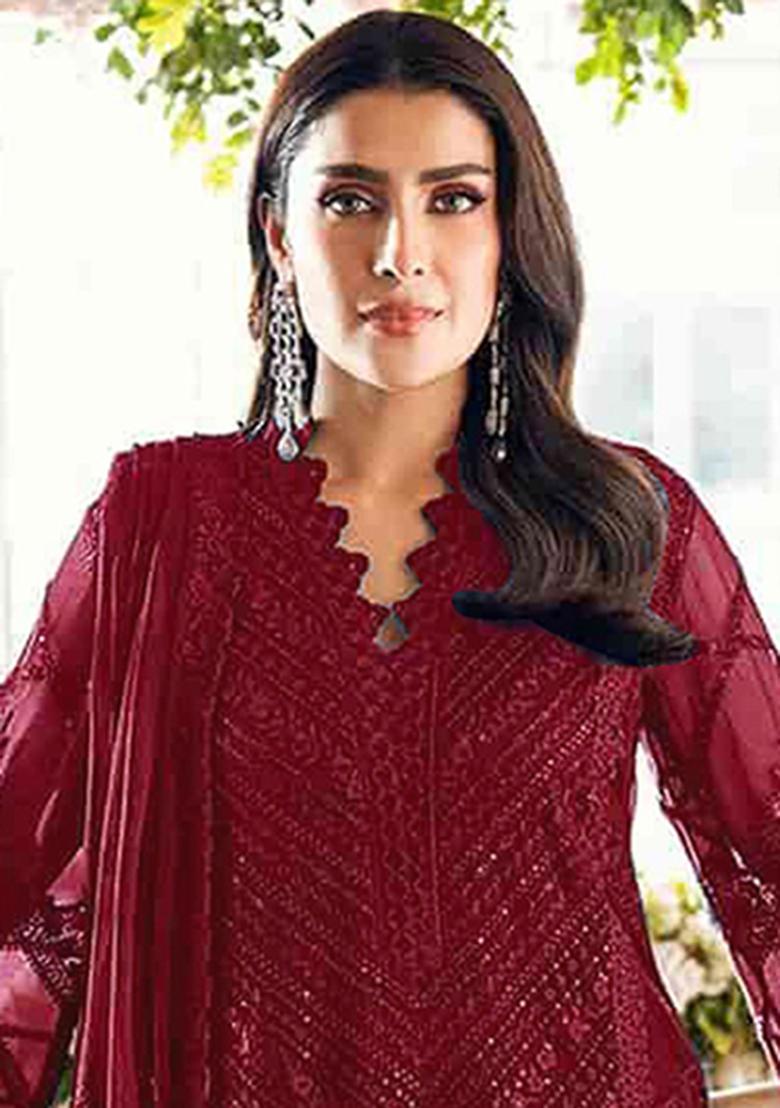 Maroon Embroidery Georgette Salwar Suit - Indya