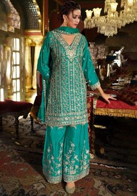 Turquoise Embroidery Silk Salwar Suit