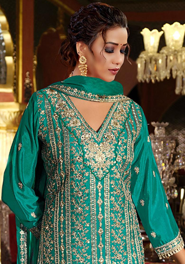Turquoise Embroidery Silk Salwar Suit - Indya