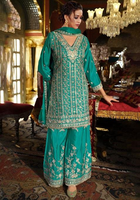 Turquoise Embroidery Silk Salwar Suit