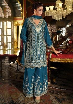 Teal Blue Embroidery Silk Salwar Suit