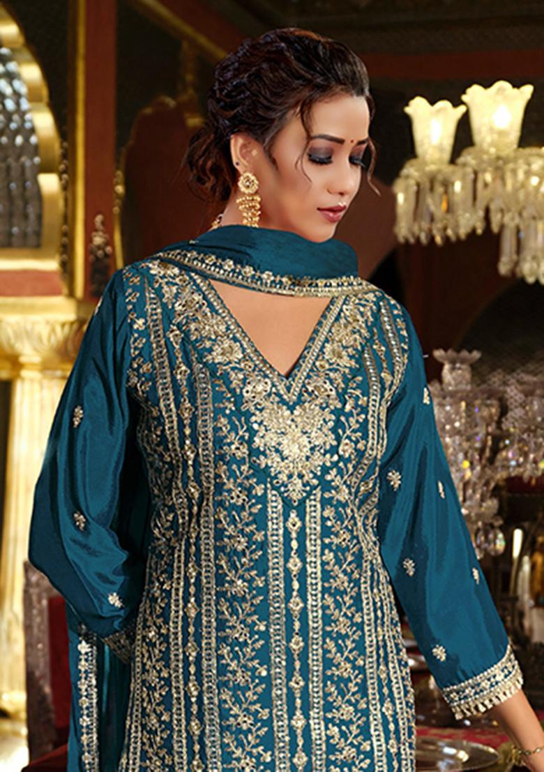 Teal Blue Embroidery Silk Salwar Suit - Indya