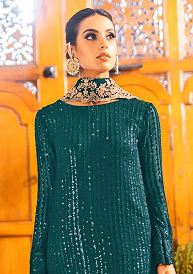 Teal Embroidery Georgette Salwar Suit - Indya