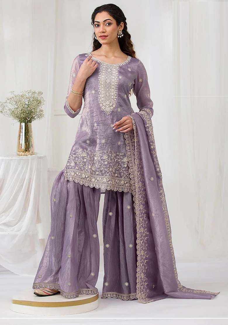 Lavender Embroidered Silk Blend Sharara Set - Indya