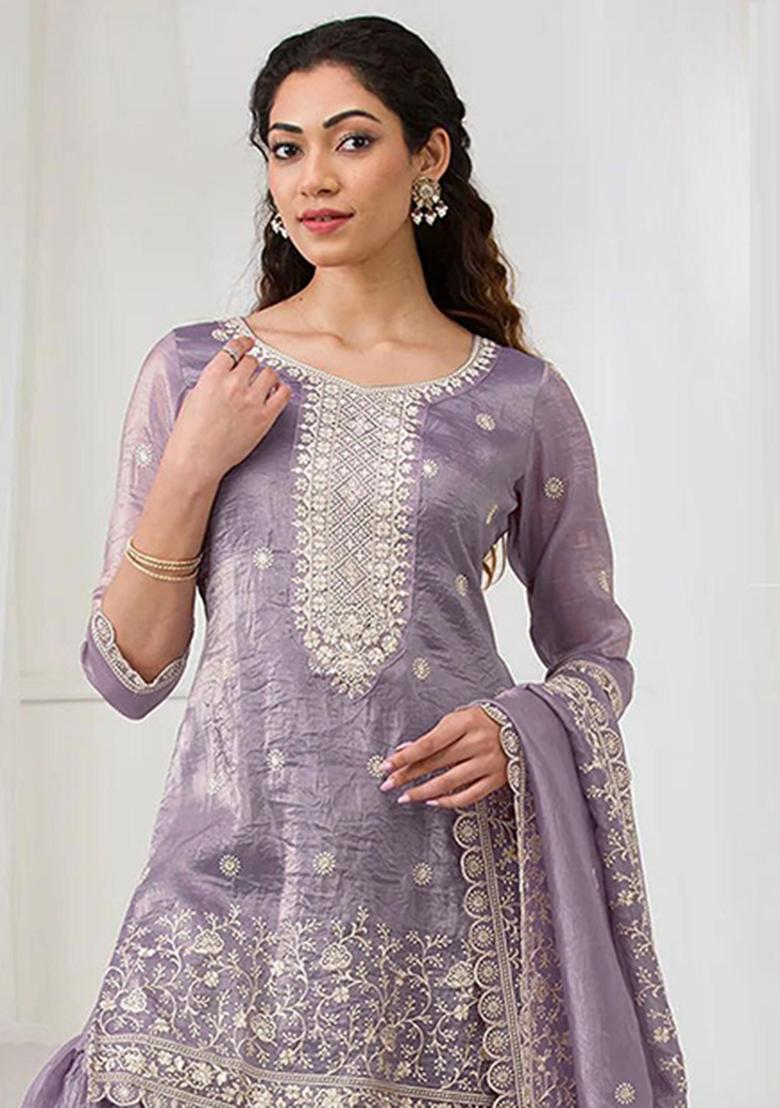 Lavender Embroidery Silk Salwar Suit - Indya
